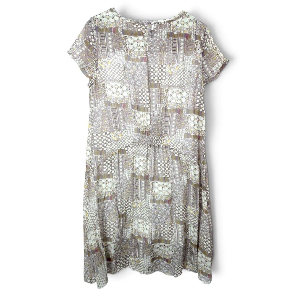patchwork print cotton lined short sleeve midi dress button front boho style lg - Picture 2 of 9